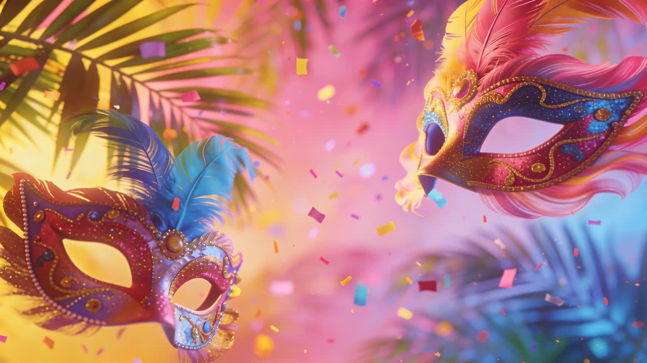 Confeti cayendo, dos máscaras de carnaval ornamentadas flotando y girando en un escenario tropical, ambiente de carnaval