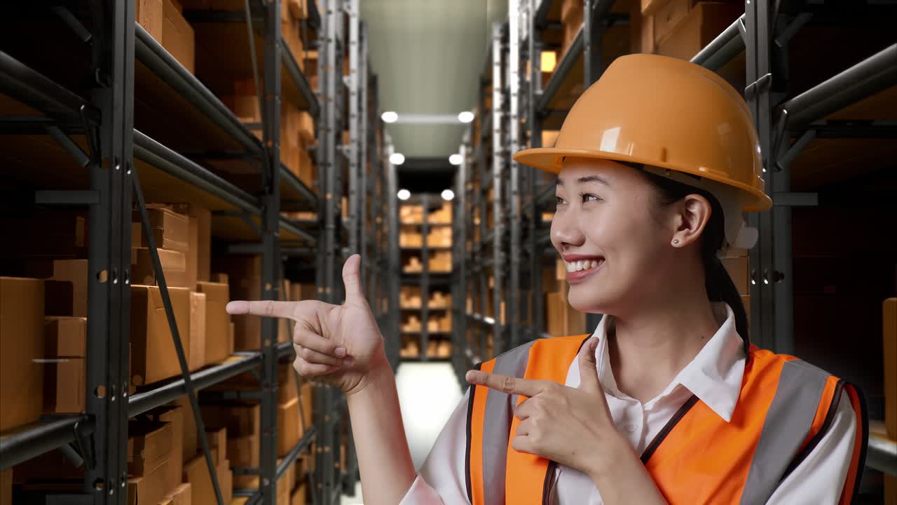 창고 노동자 가 재고 를 가리키고 있다