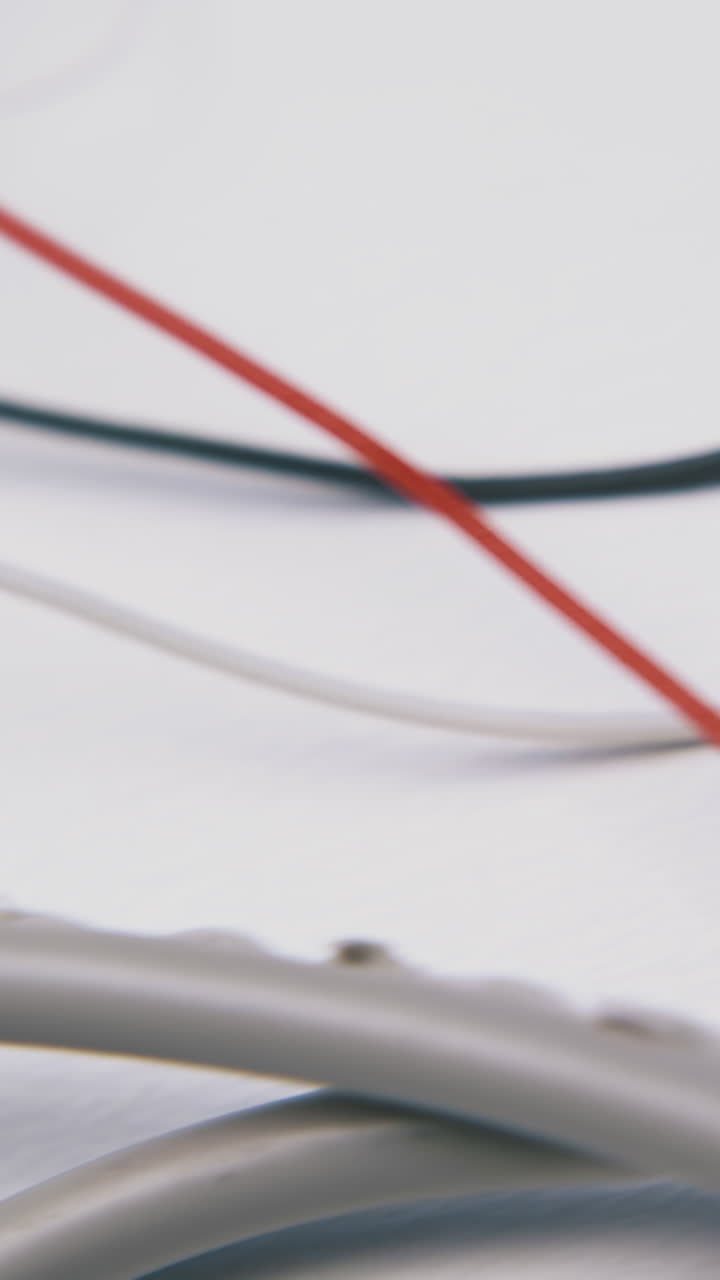 motion over different thin tangled electric wires pile lying on clean white background macro