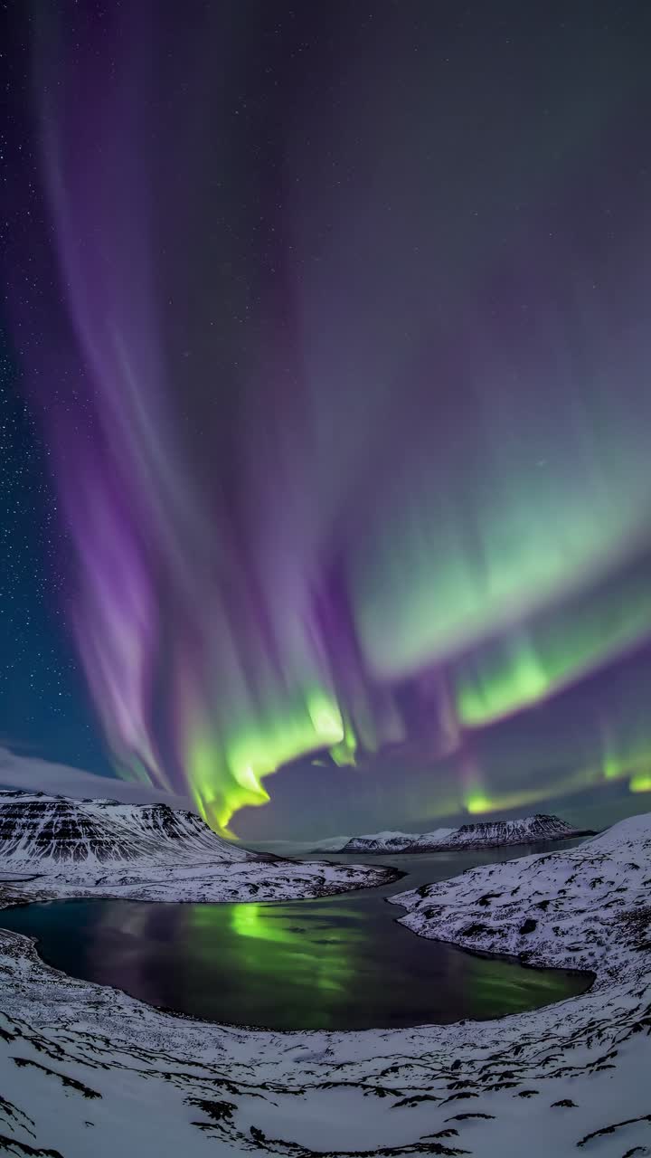 A mesmerizing video of the Northern Lights over a snowy landscape, captured from a low angle