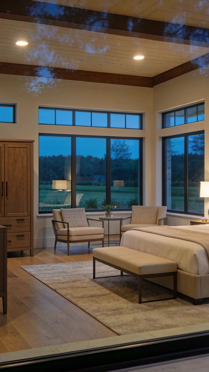 Video verticale: Apertura di una porta di legno che rivela un letto e un angolo salotto al tramonto, mostrando l'interno