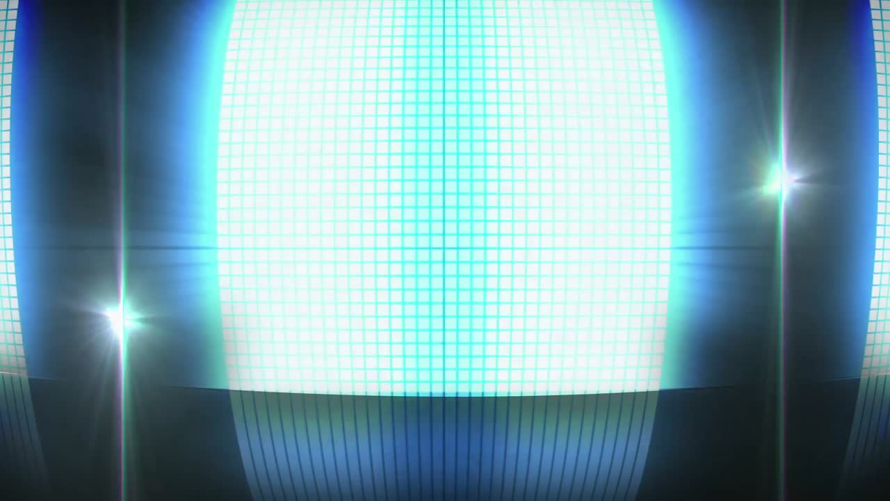 Animation of bouncing blue glowing light of sound speaker on black background