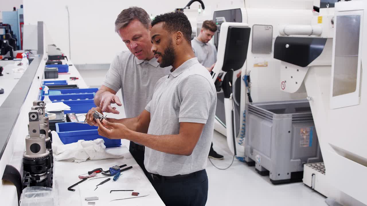 ingeniero y aprendiz masculino de componentes de medición en una planta de ingeniería de alta tecnología