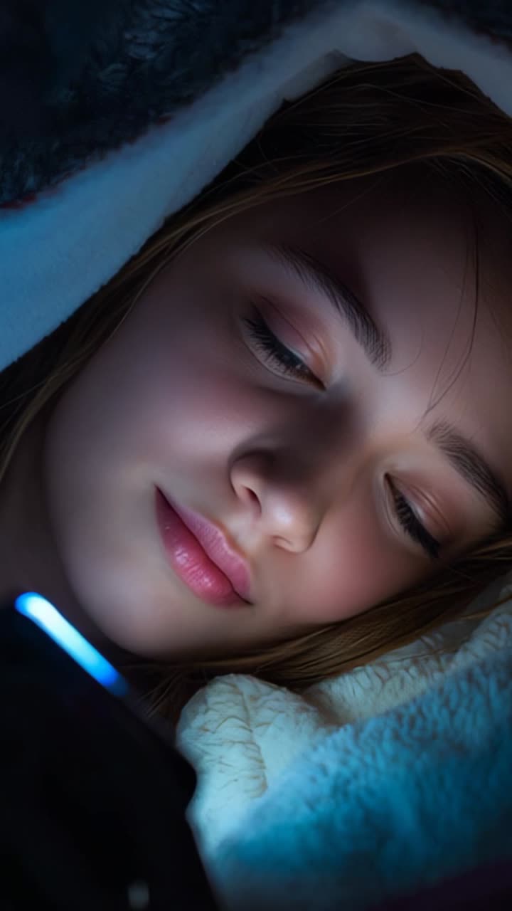 Vertical video: Responding to notification teen girl reading smartphone in bed under fleece blanket