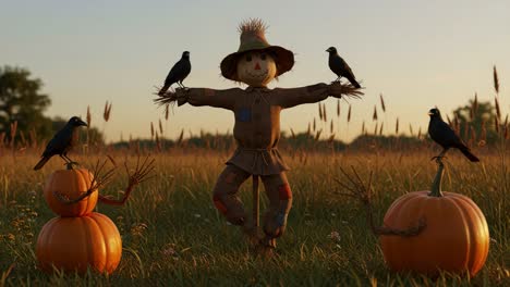 a cheerful scarecrow standing amidst autumn pumpkins and crows in a golden meadow during sunset, celebrating the fall harvest season
