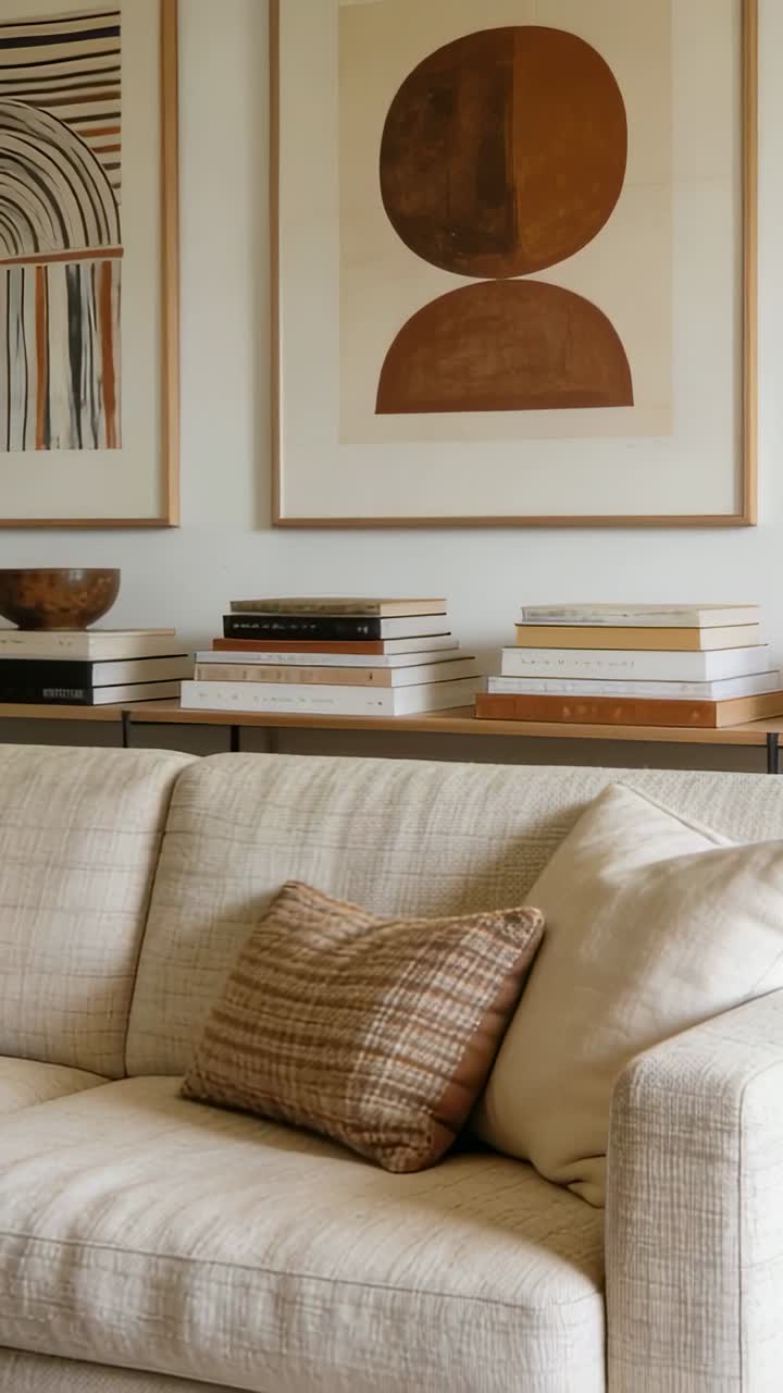 Video verticale: La telecamera inizia una panoramica verso sinistra, rivelando un divano beige in casa, con libri e opere d'arte.
