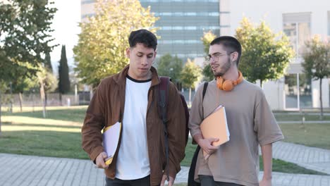 two students talking while walking in a park