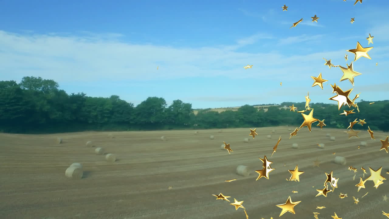 Harvested wheat field featuring scattered round hay bales and floating star graphics in flat design