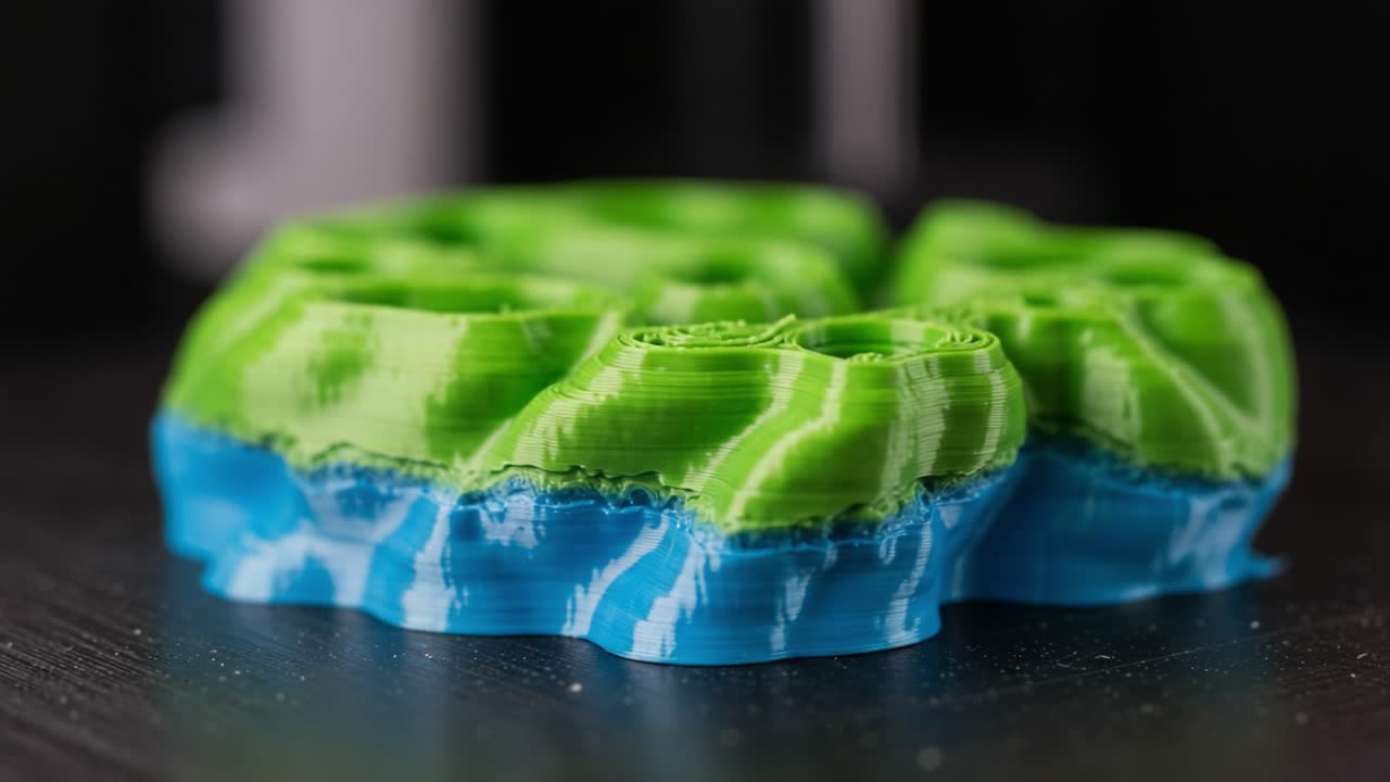 Close-Up of a Vibrantly Colored 3D Printed Model Showcasing Intricate Patterns and Layering Techniques in Green and Blue Hues