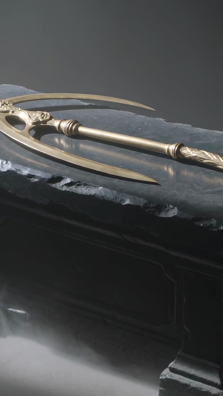Vertical video: Pulling back camera revealing ornate trident on stone slab, showing engravings