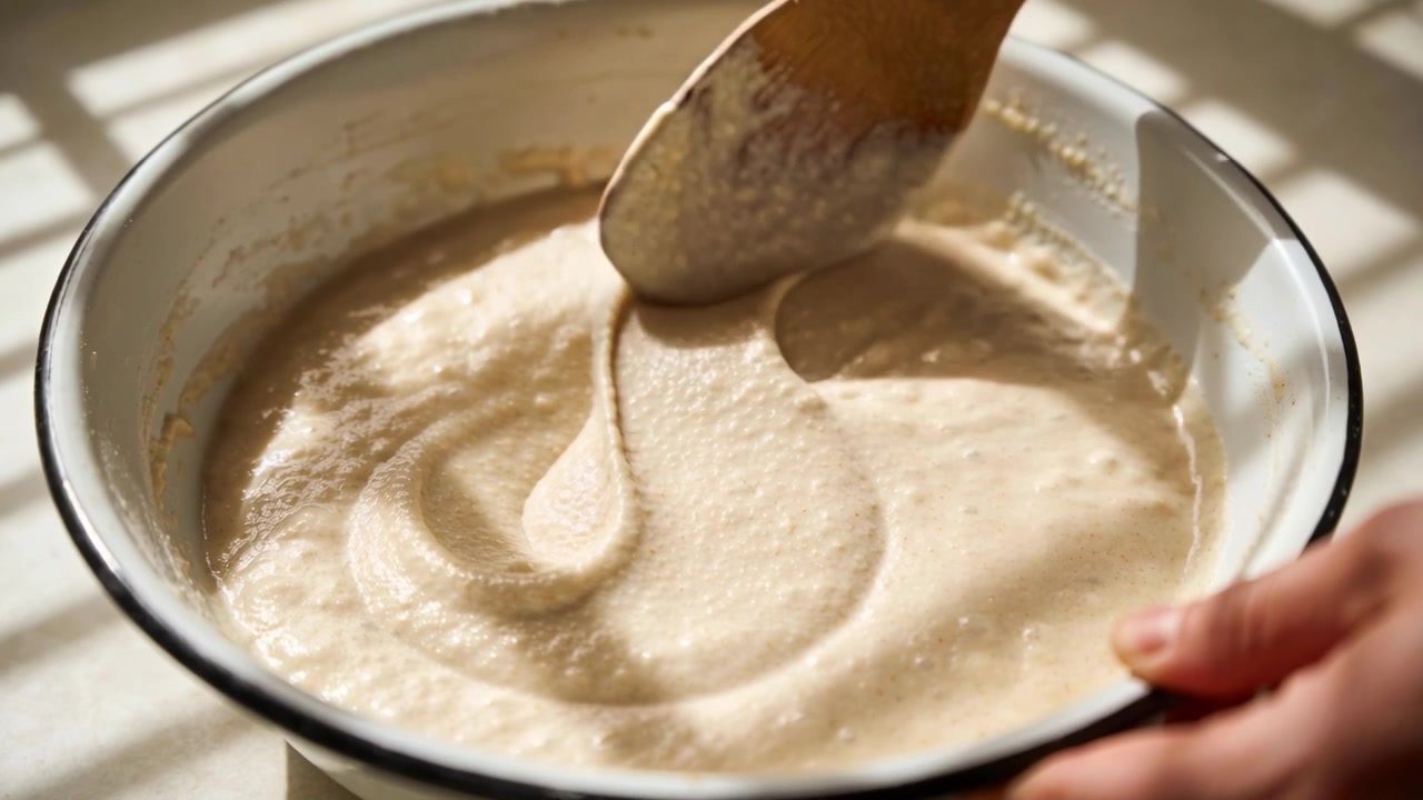 Pushing wooden spoon, hands folding pale starter in enamel bowl on home counter, checking texture
