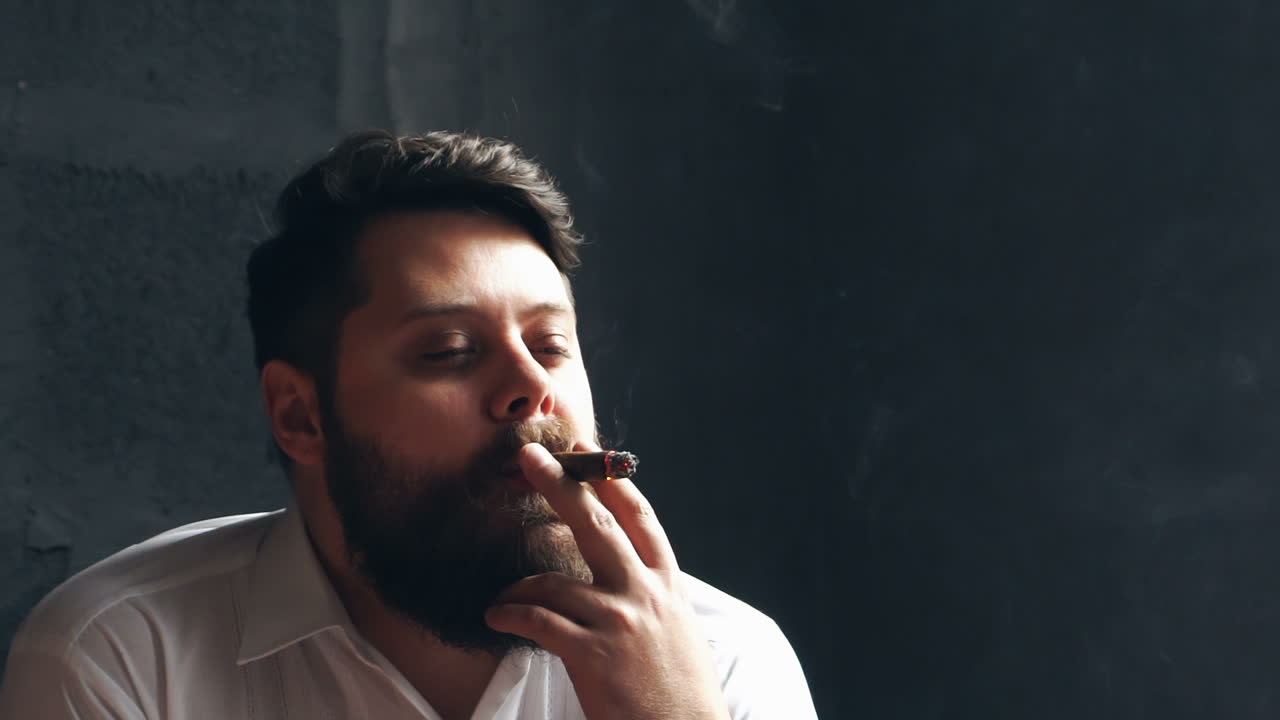 Man smoking cigar. Side view of bearded stylish man with a cigar