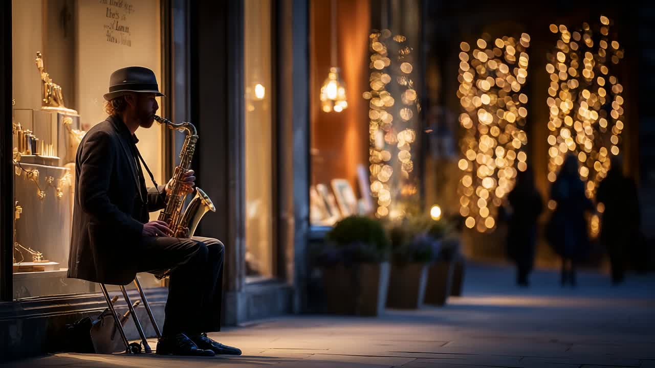 A soulful saxophonist serenades the evening crowd outside a beautifully lit store, creating an enchanting musical atmosphere in a cozy, festive urban setting, as passersby enjoy the moment and ambiance
