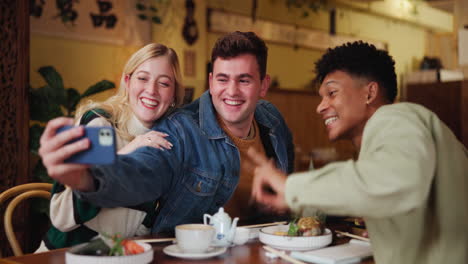 friends taking a selfie at a restaurant