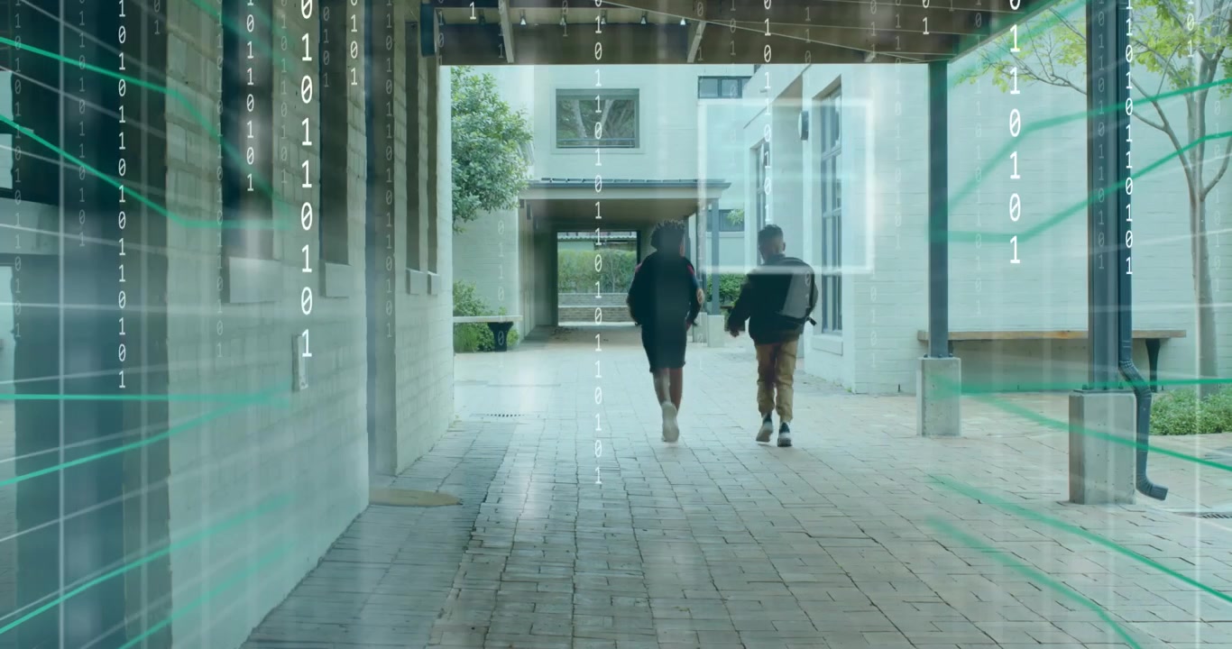Dos niños corriendo por una pasarela con cajas de seguimiento de movimiento iniciándose y flujo de datos visualizando tecnología educativa