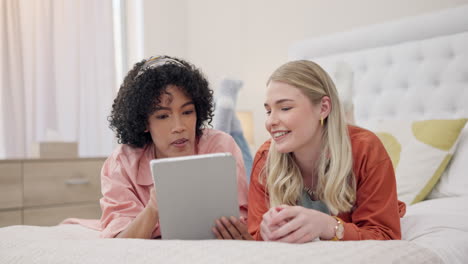 tablet, women and friends on a bed with social