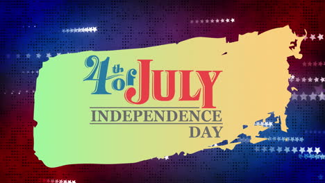 animación del texto del día de la independencia del 4 de julio sobre estrellas en fondo rojo y azul.