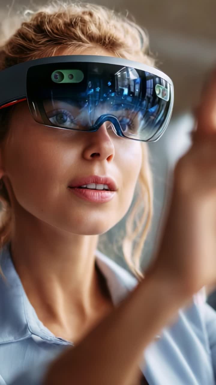A young woman wearing modern augmented reality glasses, showcasing advanced technology as she interacts with digital elements in a vibrant indoor setting