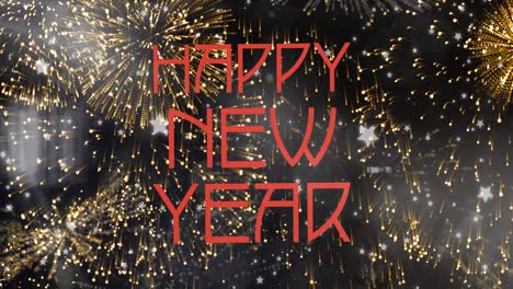 Animation-of-happy-new-year-text-in-red-over-gold-fireworks-on-black-background