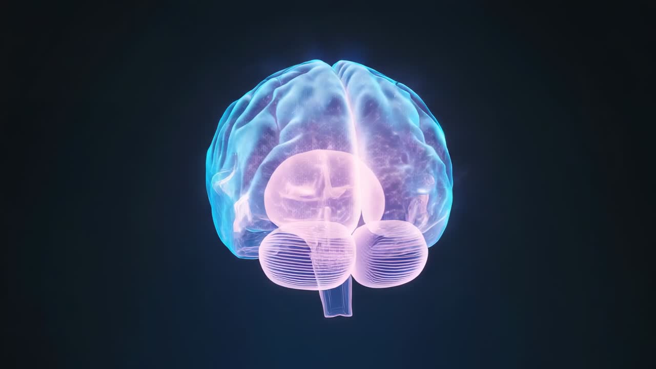 Dark backdrop initiating rotating holographic brain model for 360-degree inner structure view