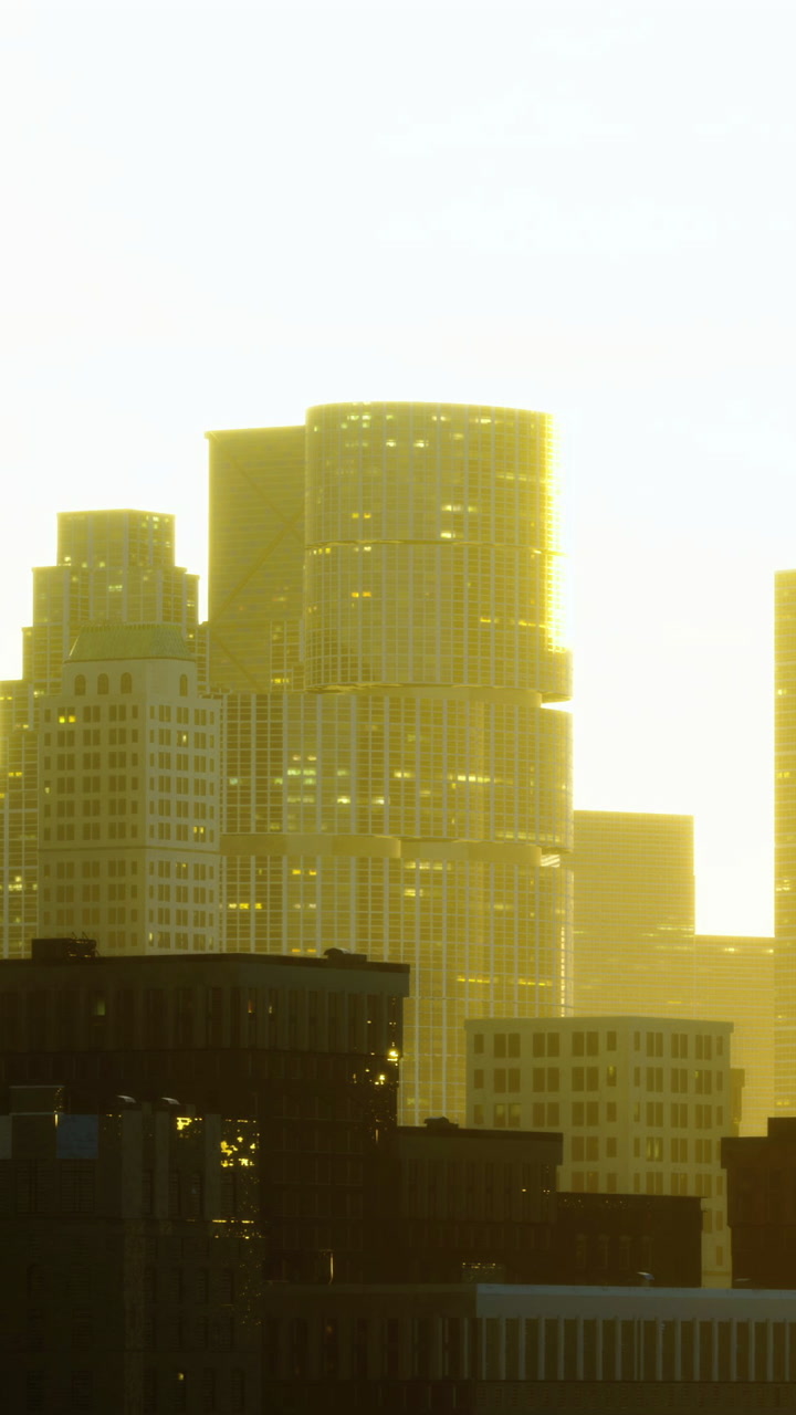 Golden rays illuminate towering skyscrapers during sunset in the city
