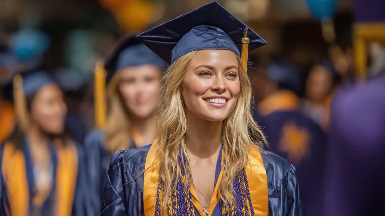 A joyful graduate proudly celebrates her academic achievement, surrounded by fellow graduates in caps and gowns, during a momentous graduation ceremony filled with excitement and joy