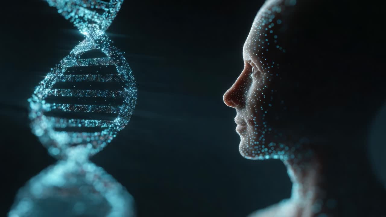 Exploring the Intersection of Humanity and Genetics: A Futuristic Visualization of DNA Structure with a Human Silhouette, Representing Scientific Advancement and Bioethics