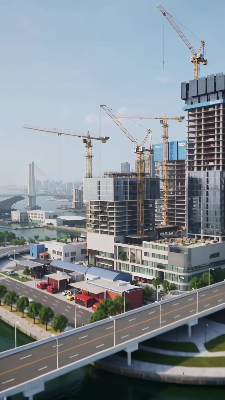 Video vertical: Cámara que se eleva y se aleja mostrando el progreso de la construcción en un canal, con grúas amarillas.
