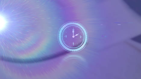 animation of rotating safe lock with clock over light trail on blurred background