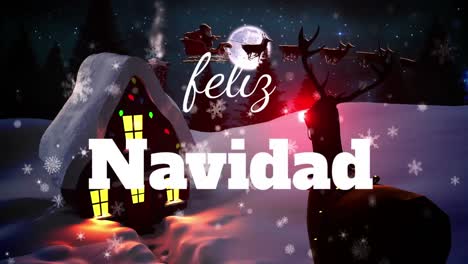 En-Esta-Animación-Digital,-Se-Representa-Una-Escena-Navideña-Con-Una-Cabaña-Y-Rudolph,-El-De-Nariz-Roja.