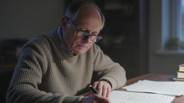Writing senior man wearing knit sweater and glasses studying pages in home study with pen, books