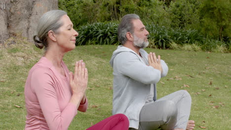 practicing yoga outdoors, mature couple meditating with peaceful expressions