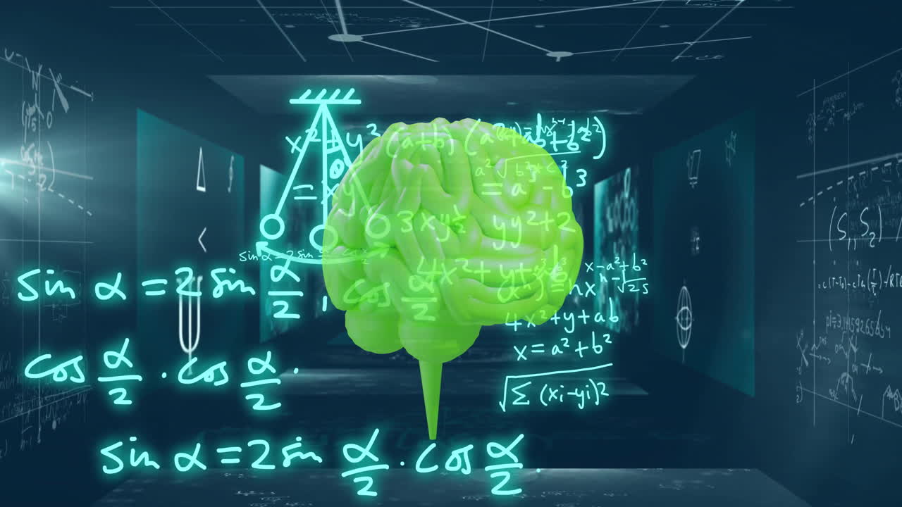 Mathematical equations and brain model animation over dark background with formulas