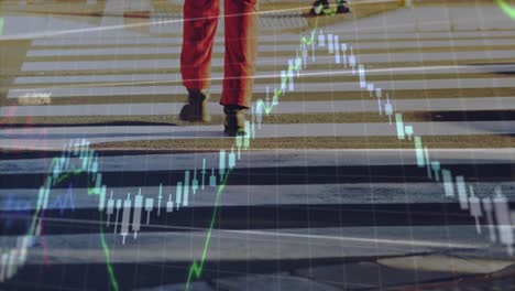 animation of financial data processing over zebra crossing in city street