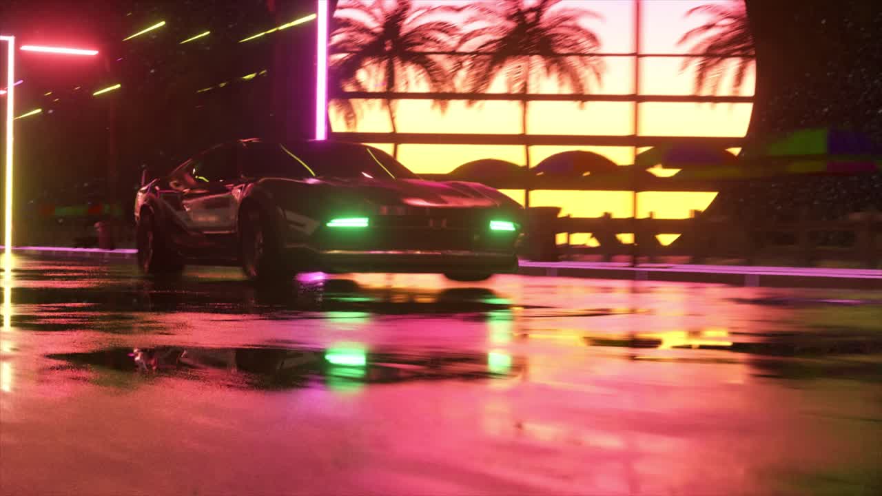 밤에는 네온 불빛으로 비가 내리는 도시 주차장