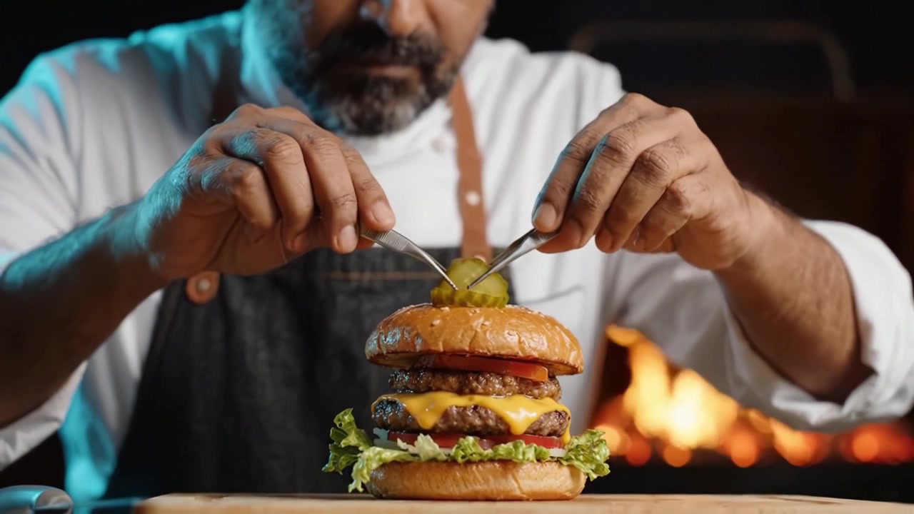 Creazione magistrale di hamburger: uno chef assembla un delizioso hamburger gourmet con ingredienti freschi, evidenziando l'arte dietro la preparazione del pasto perfetto