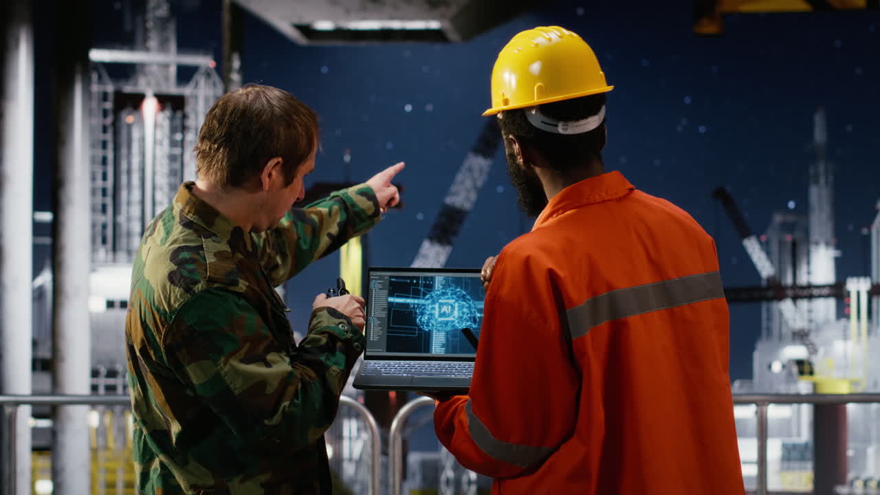 Military soldier and engineer on offshore oil rig uses deep learning software