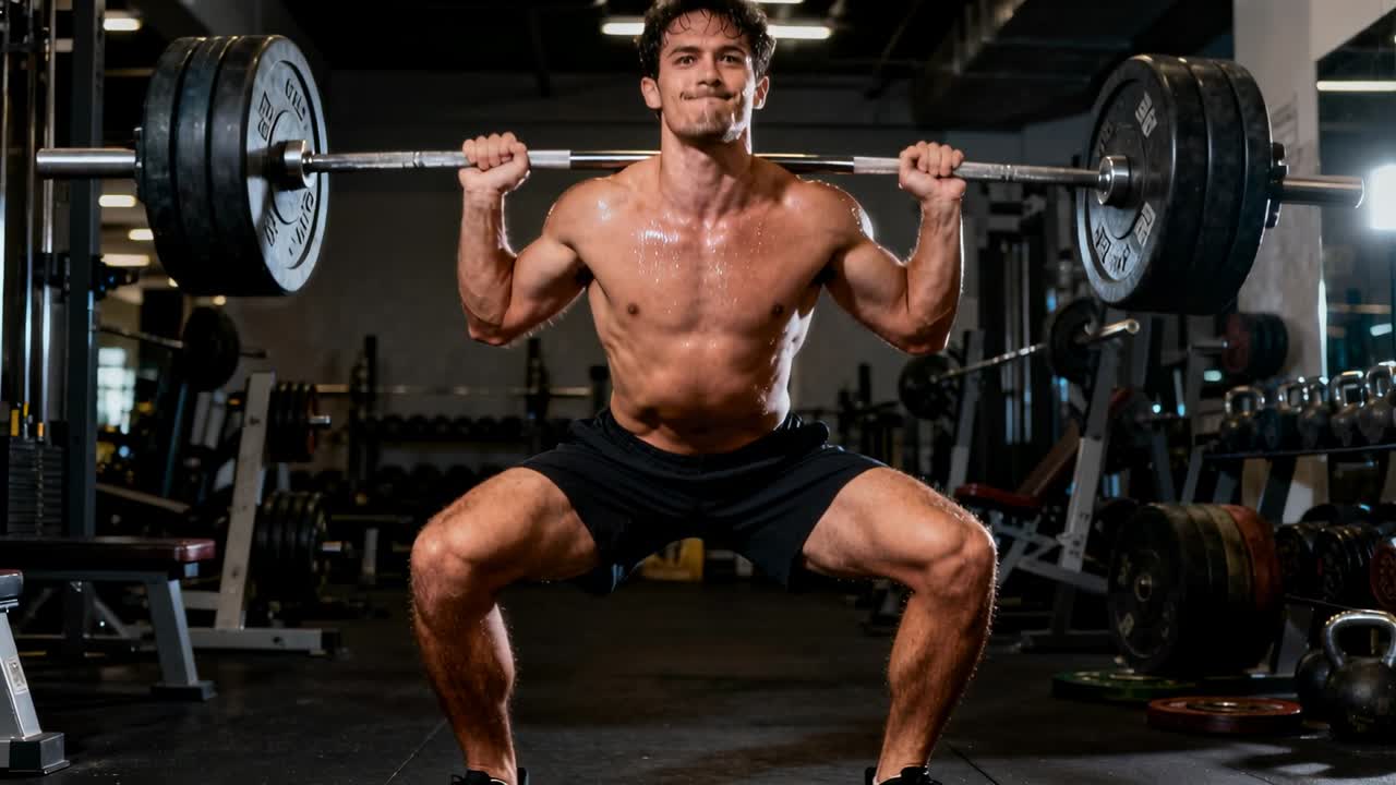 Sollevatore maschio a torso nudo che inspira e contrae i muscoli mentre esegue ripetizioni di squat con bilanciere per la forza in palestra con i dischi.