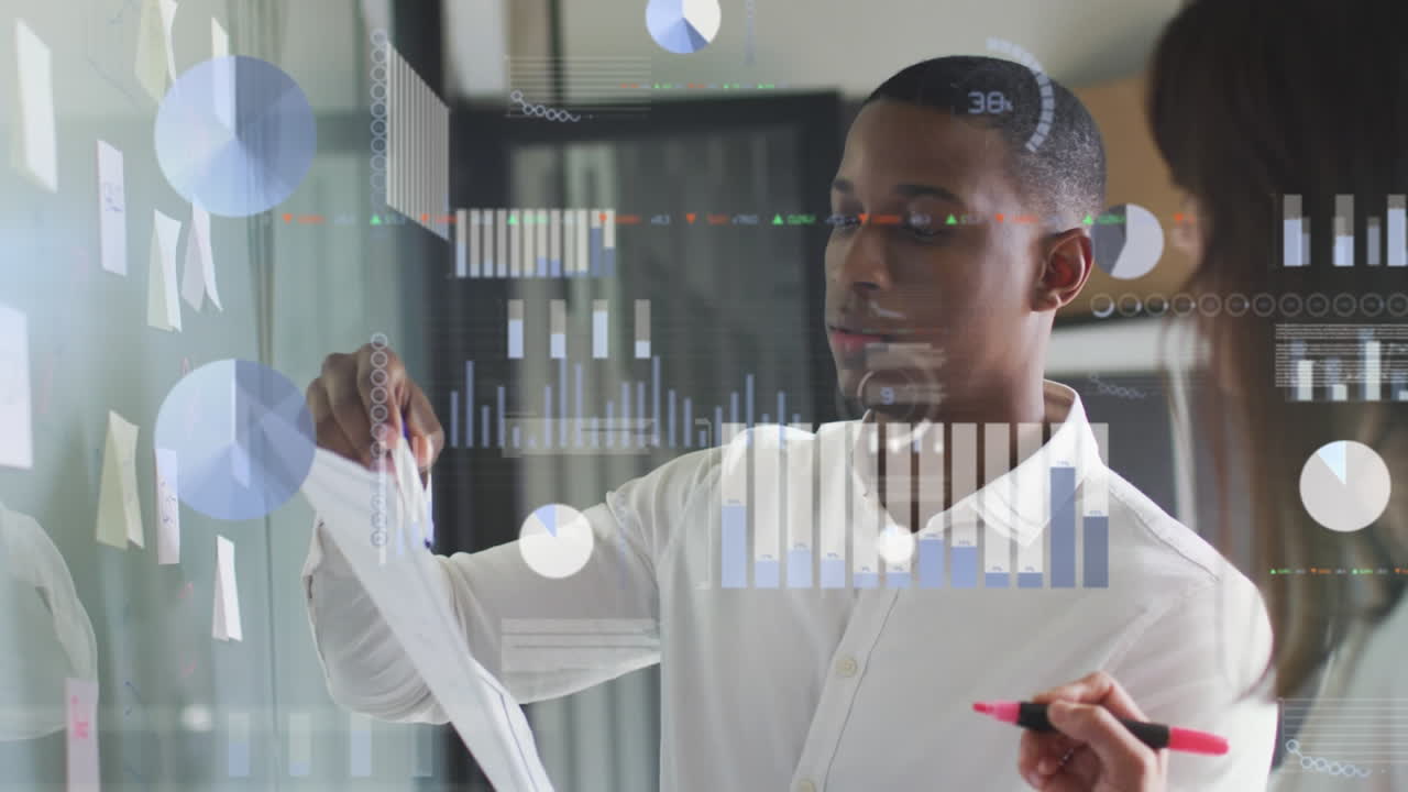 Animation of financial data processing over diverse business people in office