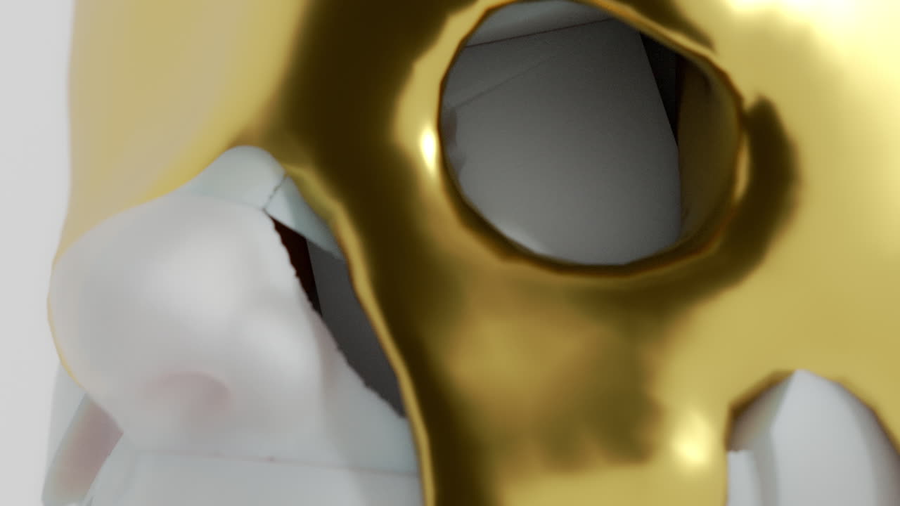 A gold liquid metal flows slowly on the sculpture
