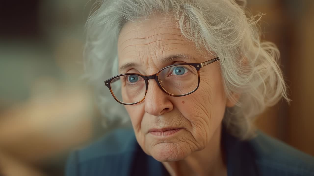 Donna anziana che ascolta una voce fuori campo, inclina la testa, aggrottando la fronte a casa, indossa una maglia blu scuro e occhiali