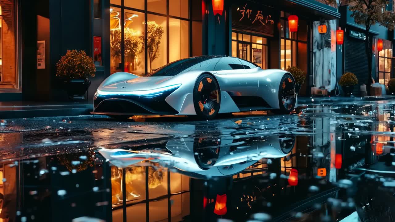 un coche futurista está estacionado frente a un edificio