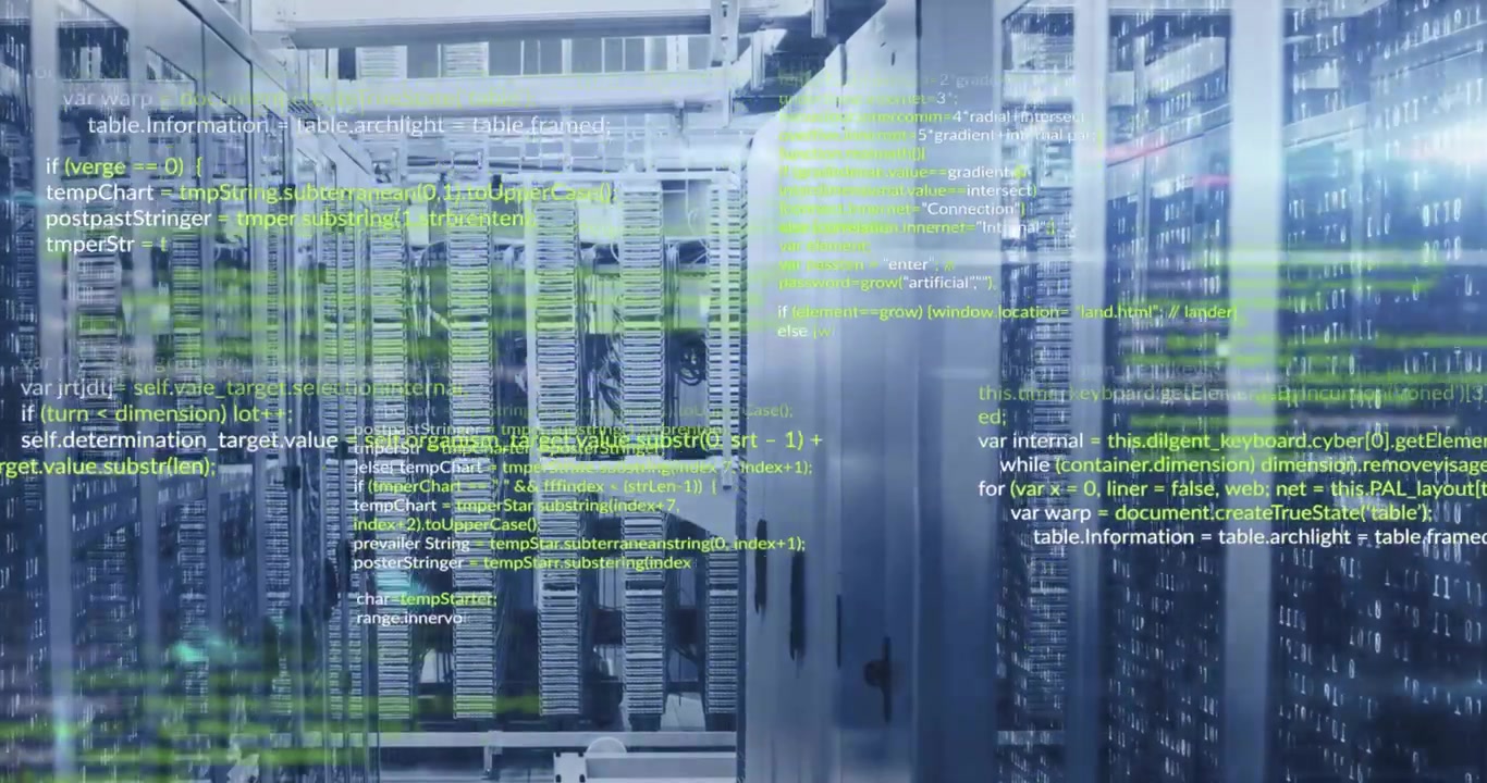 On system start, 3D server aisle unchanged, green code streams drifting and visualizing data flow