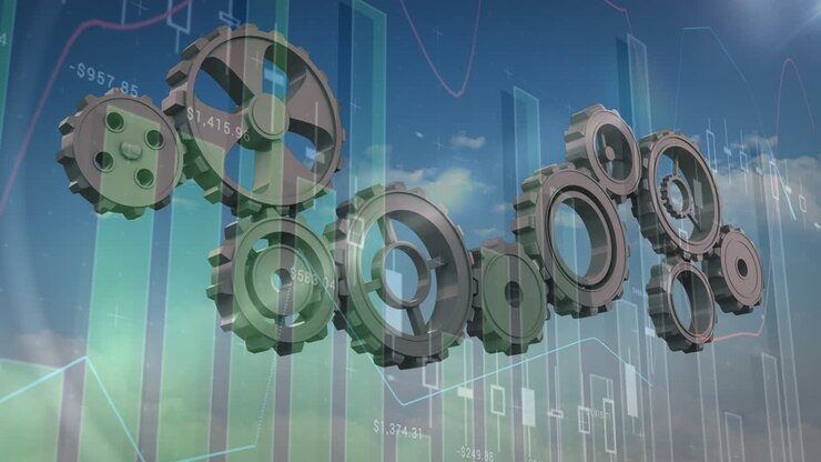 Animation of financial data processing over clouds and moving cogs
