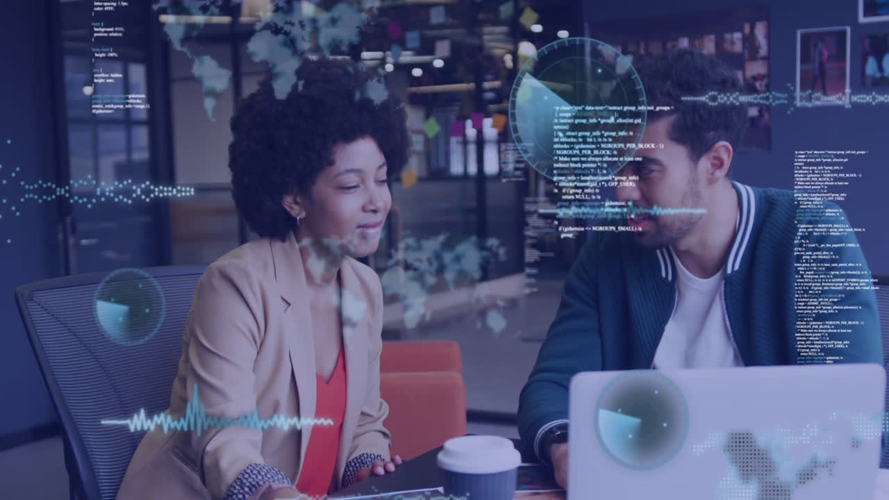 Animation of data processing over diverse business people using laptop