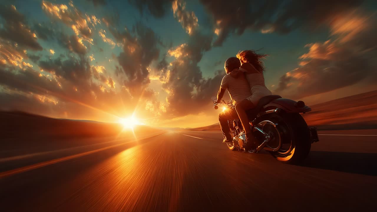 A couple rides a motorcycle together under a breathtaking sunset, showcasing their strong bond and a sense of adventure on a picturesque open road framed by a colorful sky