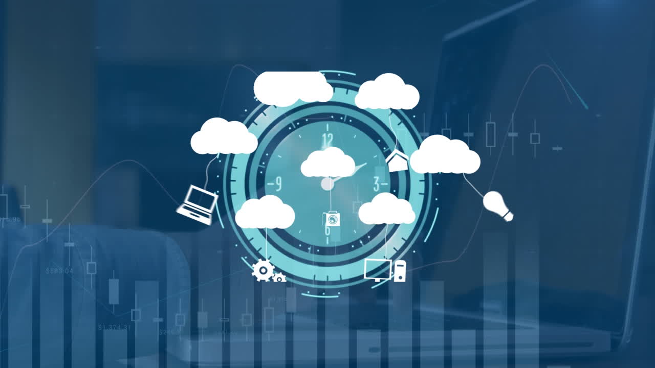 Animation of clouds with icons over graph and moving clock