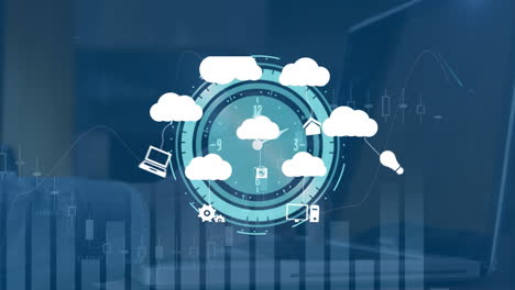 animación de nubes con iconos sobre gráfico y reloj en movimiento