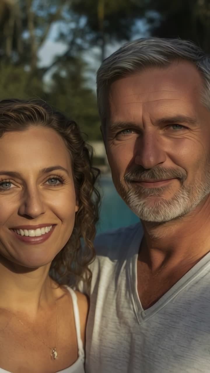 Vídeo vertical: casal sorrindo de regata posando para retrato, câmera ampliando piscina, mostrando pingente