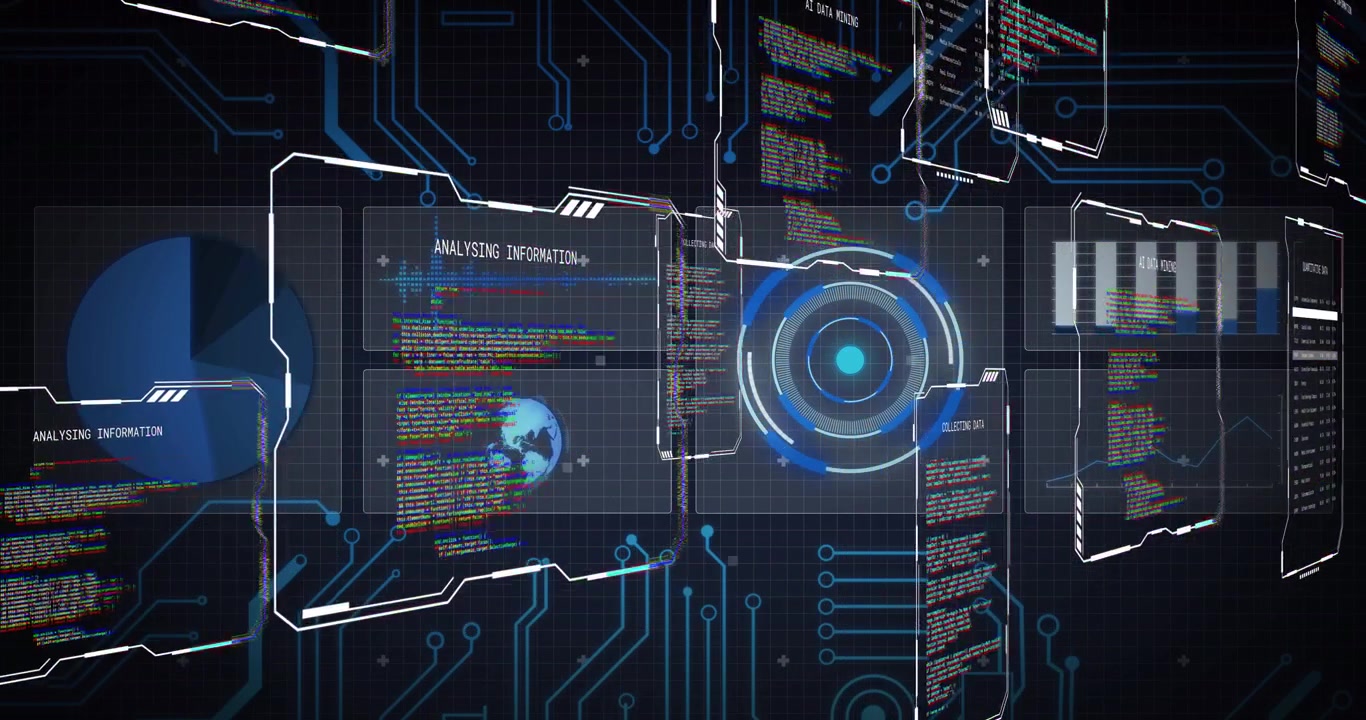 Vertical video: Ring appearing, pulsing HUD and panes moving over grid showing pie and bar charts
